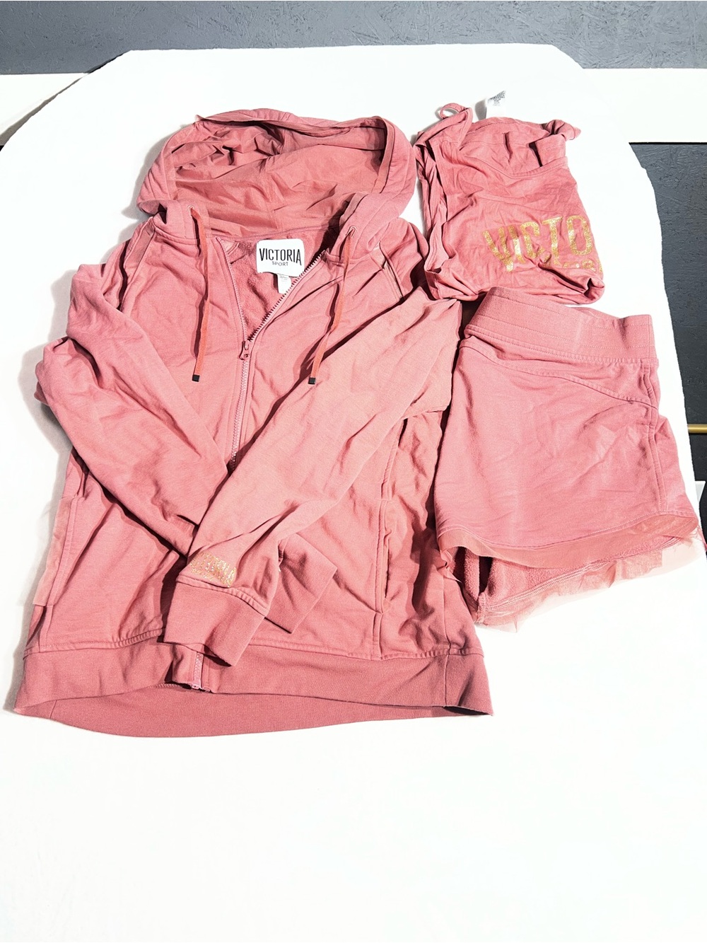 Victoria’s Secret Sport 3pc Activewear Set Pink Gold Jacket, Tank, Shorts M/L